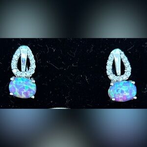 Beautiful fiery lab grown pink opal,cz and sterling stamped lever back earrings